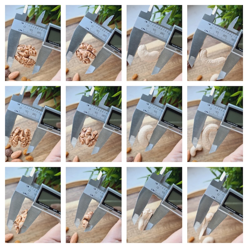 May include: Close-up of a set of calipers measuring the size of various nuts and seeds. The nuts and seeds are arranged in a grid pattern on a wooden surface. The calipers are silver and have a black digital display.
