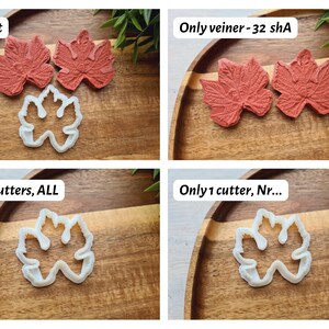 May include: Four images showing different options for a set of leaf-shaped cookie cutters. The first image shows two red leaf-shaped cookie cutters and one white leaf-shaped cookie cutter. The second image shows two red leaf-shaped cookie cutters. The third image shows one white leaf-shaped cookie cutter. The fourth image shows one white leaf-shaped cookie cutter. The text "Full set", "Only veiner - 32 shA", "Only cutters, ALL", and "Only 1 cutter, Nr..." is visible in the images.