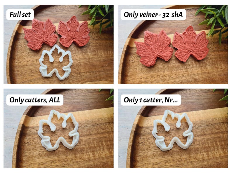 May include: Four images showing different options for a set of leaf-shaped cookie cutters. The first image shows two red leaf-shaped cookie cutters and one white leaf-shaped cookie cutter. The second image shows two red leaf-shaped cookie cutters. The third image shows one white leaf-shaped cookie cutter. The fourth image shows one white leaf-shaped cookie cutter. The text "Full set", "Only veiner - 32 shA", "Only cutters, ALL", and "Only 1 cutter, Nr..." is visible in the images.