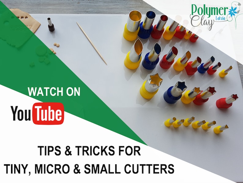 May include: An assortment of colorful polymer clay cutters in various shapes and sizes, including stars and cylinders, arranged on a white surface. The image includes the text "TIPS & TRICKS FOR TINY, MICRO & SMALL CUTTERS" and a YouTube logo.