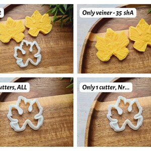 May include: Four images showing different options for purchasing a set of leaf-shaped cookie cutters. The first image shows two yellow leaf-shaped cookie cutters and one white leaf-shaped cookie cutter on a wooden surface. The second image shows two yellow leaf-shaped cookie cutters on a wooden surface. The third image shows one white leaf-shaped cookie cutter on a wooden surface. The fourth image shows one white leaf-shaped cookie cutter on a wooden surface. The text "Full set", "Only veiner - 35 shA", "Only cutters, ALL", and "Only 1 cutter, Nr..." is visible in the images.