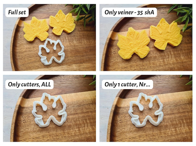 May include: Four images showing different options for purchasing a set of leaf-shaped cookie cutters. The first image shows two yellow leaf-shaped cookie cutters and one white leaf-shaped cookie cutter on a wooden surface. The second image shows two yellow leaf-shaped cookie cutters on a wooden surface. The third image shows one white leaf-shaped cookie cutter on a wooden surface. The fourth image shows one white leaf-shaped cookie cutter on a wooden surface. The text "Full set", "Only veiner - 35 shA", "Only cutters, ALL", and "Only 1 cutter, Nr..." is visible in the images.