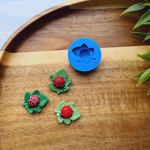 May include: A wooden tray holds a blue silicone mold and three ladybug-themed embellishments. The ladybugs are red with black spots, resting on green leaf-shaped bases. The mold is round with a flower design.