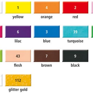 May include: Chart of 14 paint colours with corresponding numbers and names. Colours include white, yellow, orange, red, rose, pink, lilac, blue, turquoise, green, light green, flesh, brown, black, glitter white, and glitter gold.