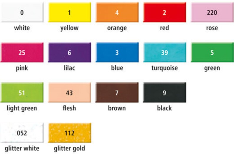 May include: Chart of 14 paint colours with corresponding numbers and names. Colours include white, yellow, orange, red, rose, pink, lilac, blue, turquoise, green, light green, flesh, brown, black, glitter white, and glitter gold.