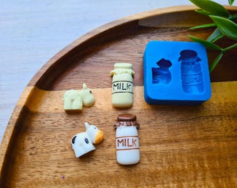 Silicone mold of Cow and milk, ~ 1.2 * 2.5 cm, 1.7 cm, Cow & Milk Bottle Miniature, Cute Farm Animal,Clay,Resin,Fondant,Dollhouse,Cake Decor