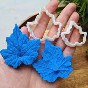 Puede incluir: Dos formas de hojas azules de fondant hechas con cortadores de galletas con forma de hoja. Los cortadores son de pl&aacute;stico blanco y se muestran en la imagen.