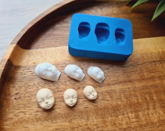 Silicone mold of Doll face, style 15, 3 elements, ~ 0.8-1.1*1-1.8cm,H:0.5-0.8cm,Clay, Resin, Soap, Miniature Sculpting, Fondant, Cake Decor