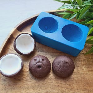 Peut inclure: Un moule en silicone bleu pour faire des friandises en forme de noix de coco, avec deux cavités. Il y a quatre noix de coco finies sur une surface en bois, deux avec des intérieurs blancs et deux avec des extérieurs bruns.