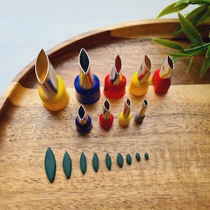 May include: A set of nine metal piping tips with colorful plastic bases in yellow, blue, red, and gray, arranged in two rows. Below the tips are nine dark green, leaf-shaped cutouts of varying sizes, displayed in a horizontal line.