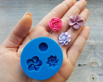 Silicone mold Set of flowers, 3 pcs., ~ 1.9-2.2 cm, Modeling tool for accessories, jewelry, home decor, Shape for all types of polymer clay