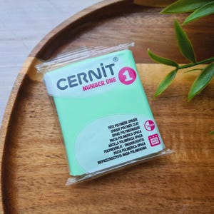 Peut inclure: Un paquet de pâte polymère Cernit Number One vert clair. Le paquet contient du texte en plusieurs langues et un numéro 1 rose. Le paquet est posé sur un plateau en bois avec des feuilles vertes.