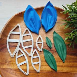 Può includere: Una collezione di cinque tagliabiscotti in plastica bianca a forma di foglia insieme a due forme di foglia blu e tre verdi. I tagliabiscotti presentano un design ovale a punta con barre di supporto interne e superfici lisce.