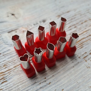 Set of metal cutters, 10 types - hexagon, drop, square, triangle, pentagon, diamond, flower, leaf, heart & star, Ø  ≈ 0.7 сm (≈0.27 inch)