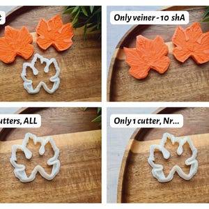 May include: Four images showing different options for purchasing a set of leaf-shaped cookie cutters. The first image shows the full set, which includes two orange leaf-shaped cookie cutters and one white leaf-shaped cookie cutter. The second image shows only the two orange leaf-shaped cookie cutters. The third image shows only the white leaf-shaped cookie cutter. The fourth image shows only one of the white leaf-shaped cookie cutters.