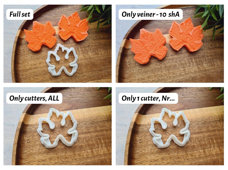 May include: Four images showing different options for purchasing a set of leaf-shaped cookie cutters. The first image shows the full set, which includes two orange leaf-shaped cookie cutters and one white leaf-shaped cookie cutter. The second image shows only the two orange leaf-shaped cookie cutters. The third image shows only the white leaf-shaped cookie cutter. The fourth image shows only one of the white leaf-shaped cookie cutters.
