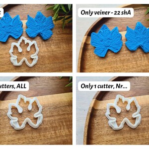 May include: Four cookie cutters in the shape of a leaf. The cutters are made of white plastic and are shown on a wooden surface. The text "Full set", "Only veiner - 22 shA", "Only cutters, ALL", and "Only 1 cutter, Nr..." is visible in the image.