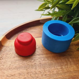 Puede incluir: Dos moldes de silicona sobre una superficie de madera. El molde de la izquierda es rojo y el molde de la derecha es azul.