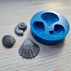 Peut inclure: Un moule en silicone bleu avec trois formes de coquillages différentes. Il y a trois coquillages gris à côté du moule.