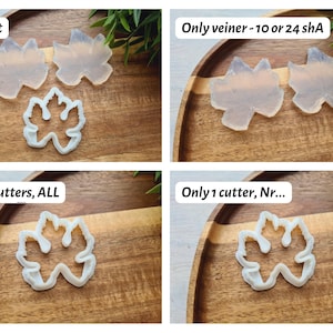 May include: Four images showing different options for purchasing a set of leaf-shaped cookie cutters. The first image shows the full set, which includes two large leaf cutters and one smaller leaf cutter. The second image shows only the two large leaf cutters. The third image shows only the smaller leaf cutter. The fourth image shows only the smaller leaf cutter.