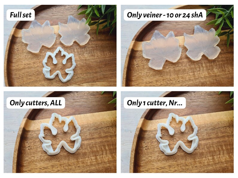 May include: Four images showing different options for purchasing a set of leaf-shaped cookie cutters. The first image shows the full set, which includes two large leaf cutters and one smaller leaf cutter. The second image shows only the two large leaf cutters. The third image shows only the smaller leaf cutter. The fourth image shows only the smaller leaf cutter.