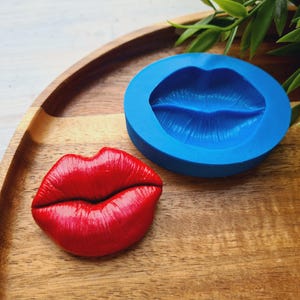 Puede incluir: Un molde de silicona rojo en forma de labios, y una fundición de silicona roja del molde. El molde es azul y la fundición es roja.