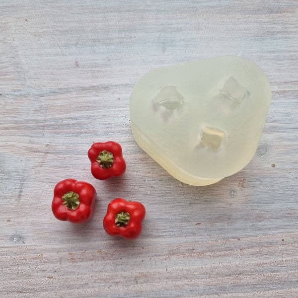 Silicone mold of Bell pepper with greens, 3 elements, ~ Ø 1-1.2 cm, H:2 cm, Modeling tool for accessories, jewelry, Shape for polymer clay