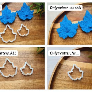 Puede incluir: Cuatro im&aacute;genes que muestran diferentes opciones para comprar cortadores de galletas con forma de hoja. La primera imagen muestra dos moldes de silicona con forma de hoja azul y dos cortadores de galletas con forma de hoja blanca. La segunda imagen muestra dos moldes de silicona con forma de hoja azul. La tercera imagen muestra dos cortadores de galletas con forma de hoja blanca. La cuarta imagen muestra un cortador de galletas con forma de hoja blanca.