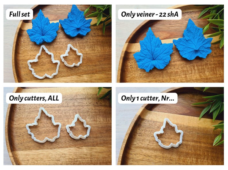 Puede incluir: Cuatro im&aacute;genes que muestran diferentes opciones para comprar cortadores de galletas con forma de hoja. La primera imagen muestra dos moldes de silicona con forma de hoja azul y dos cortadores de galletas con forma de hoja blanca. La segunda imagen muestra dos moldes de silicona con forma de hoja azul. La tercera imagen muestra dos cortadores de galletas con forma de hoja blanca. La cuarta imagen muestra un cortador de galletas con forma de hoja blanca.