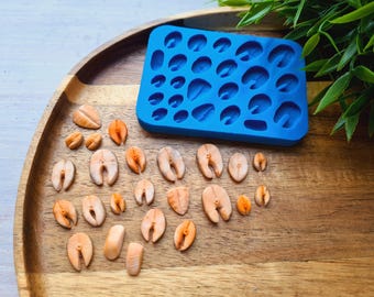 Puede incluir: Una bandeja de madera contiene un molde de silicona azul y varias piezas de resina con forma de salmón. Las piezas de resina son de varios tamaños y tonos de naranja y blanco. El follaje verde está en el fondo.