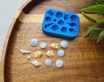 Silikonform Mini Sea Life Set, Stil 6, 12 Elemente, ~ 0,3-1,4 cm, H: 0,2-0,4 cm, Modellierwerkzeug für Accessoires, Form für Polymerclay