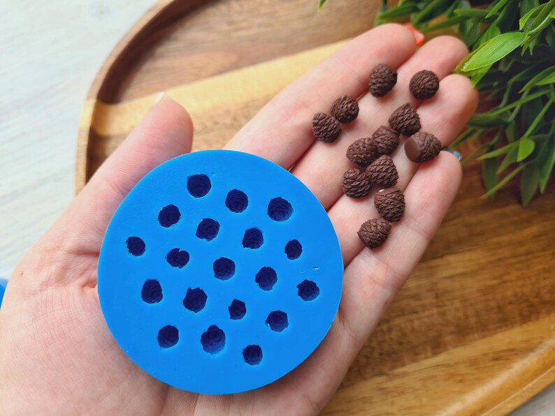 Pode incluir: Um molde de silicone azul com 20 cavidades redondas para fazer objetos pequenos e redondos. Uma m&atilde;o est&aacute; segurando o molde e um monte de objetos pequenos, redondos e marrons est&atilde;o espalhados na palma da m&atilde;o.