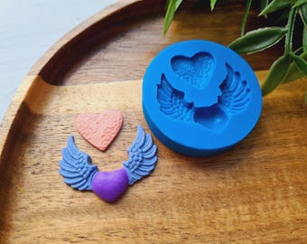 Silicone mold of Heart, style 2, 2 elements, ~ 1.5-3.5 cm, H:0.3-0.5 cm, Love, Wings, Resin, Polymer Clay, Epoxy, Jewelry, Candy, Valentine