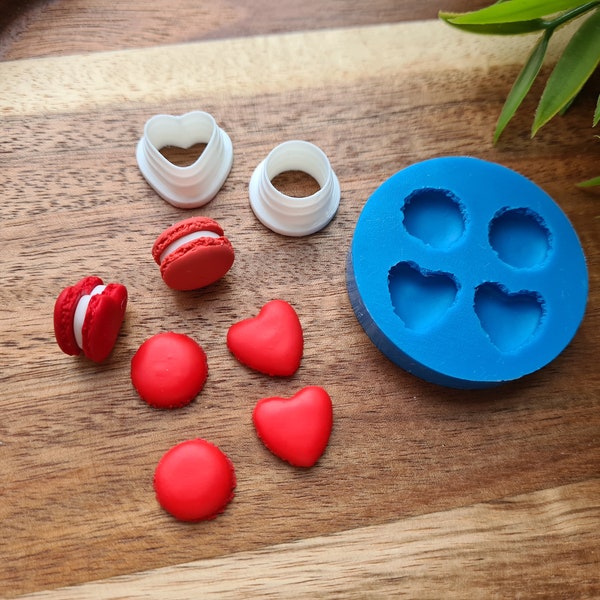 Moule en silicone pour macaron, style 2, cercle et cœur, 4 pcs., ~ Ø 1,2 cm, 1,2*1,3 cm, H:0,4 cm + 2 emporte-pièces Ø 1,1 cm, 1,2 cm, Outil de modelage