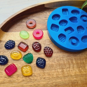 Molde de silicona de conjunto de dulces, estilo 11, 13 elementos, ~ 1,2-1,4 cm, alto: 0,2-0,5 cm, herramienta de modelado para accesorios, joyas, molde para arcilla polimérica