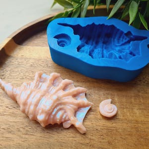 May include: A blue silicone mold featuring two distinct seashell cavities, accompanied by two light peach-colored seashell castings. The mold displays intricate ridges and spiral details, which are replicated in the finished resin or wax pieces.