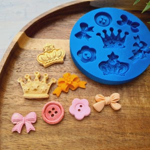 Silicone mold of Set of bow, crown, button, 7 elements, ~ 1.3-3 cm, H:0.3-0.6 cm, Modeling tool for accessories, Shape for polymer clay