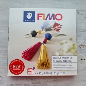 May include: A box of FIMO Leather-Effect modelling clay for making tassels. The box includes four 25-gram packs of clay, enough to make two tassels. The box also includes instructions and accessories for making the tassels.