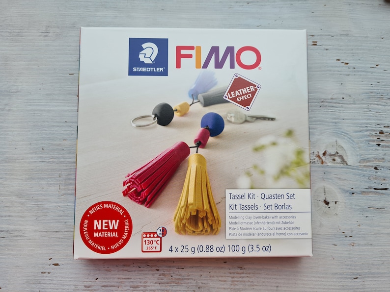 May include: A box of FIMO Leather-Effect modelling clay for making tassels. The box includes four 25-gram packs of clay, enough to make two tassels. The box also includes instructions and accessories for making the tassels.