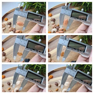 May include: A silver digital caliper measuring the size of a variety of nuts, including almonds, cashews, and peanuts. The caliper has a digital display that shows the measurement in inches and millimeters.