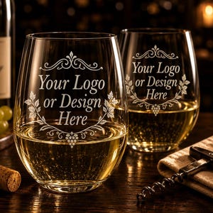 May include: Two clear stemless wine glasses featuring an etched decorative frame with grape vine accents and the text Your Logo or Design Here. The glasses are filled with white wine and positioned near a wine bottle, a cork, and a corkscrew.