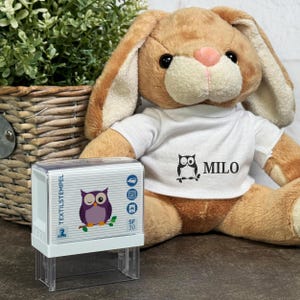 Timbro per tessuti per bambini con motivo gufo e personalizzazione (47 x 18 mm)