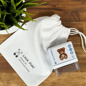 Timbro per tessuto per bambini con motivo orsacchiotto e personalizzazione (47 x 18 mm)