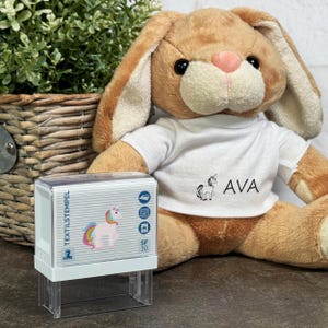 Timbro per tessuti per bambini con motivo unicorno e personalizzazione (47 x 18 mm)
