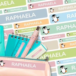Adesivi con nome per bambini "Pinguino" (set di 260 adesivi di diverse dimensioni)