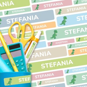 May include: A set of colourful dinosaur-themed name labels with the name "Stefania" printed on them. The labels are arranged in a grid pattern and feature a variety of colours, including pink, blue, green, and yellow. There are also some dinosaur illustrations on the labels.