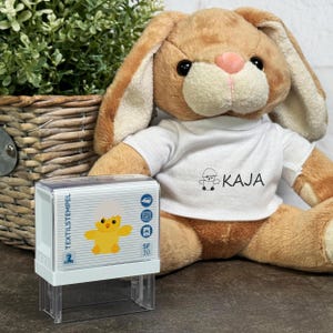 Timbro per tessuti per bambini con motivo pulcino e personalizzazione (47 x 18 mm)