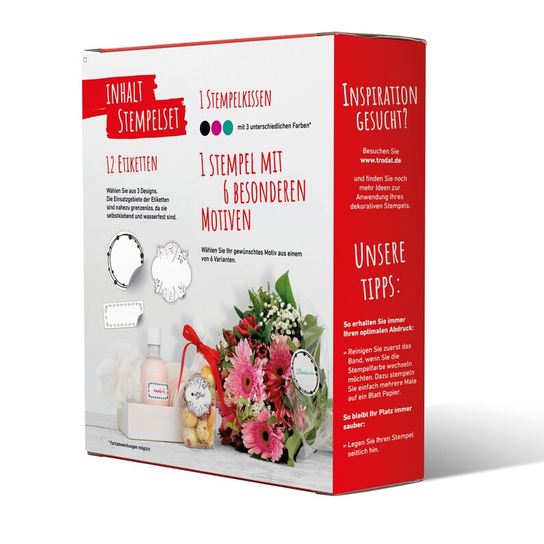 Puede incluir: Una caja roja y blanca con las palabras "INHALT STEMPELSET" e "INSPIRATION GESUCHT?" impresas en ella. La caja contiene un juego de 12 etiquetas autoadhesivas, un sello con 6 dise&ntilde;os diferentes y una almohadilla de tinta con 3 colores. La caja tambi&eacute;n incluye instrucciones sobre c&oacute;mo usar los sellos y las etiquetas.