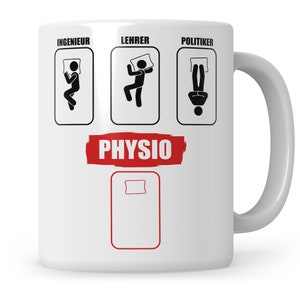 May include: White ceramic mug with a black and white illustration of sleeping people with the text "INGENIEUR", "LEHRER", "POLITIKER", and "PHYSIO".