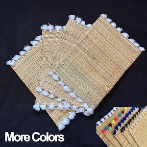 Set of 4 Moroccan white handmade Straw Placemats with Pompom, Natural placemats, handmade Placemats,